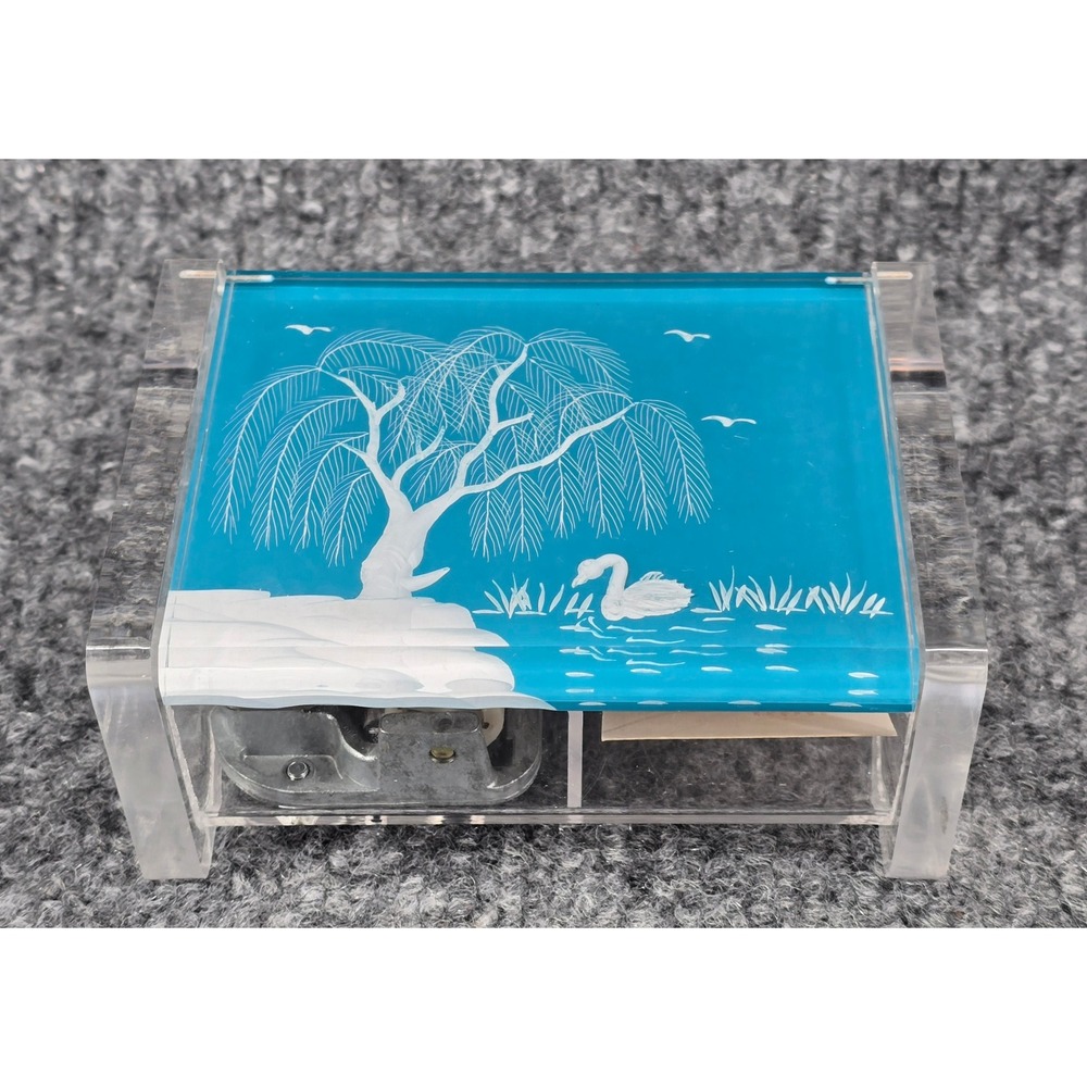 Vtg Russ Berrie Etched Images Music Box Sankyo Blue Lucite P lays Swan Lake 80s
